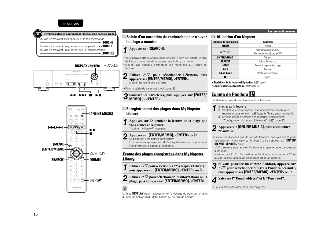 Marantz NA7004 manual Écoute de Pandora, NUtilisation d’un Napster, NEnregistrement des plages dans My Napster Library 