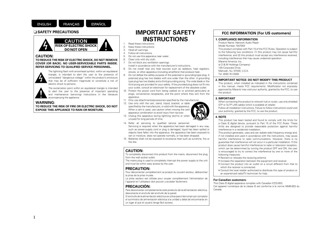 Marantz NA7004 manual NSAFETY Precautions, For Canadian customers 