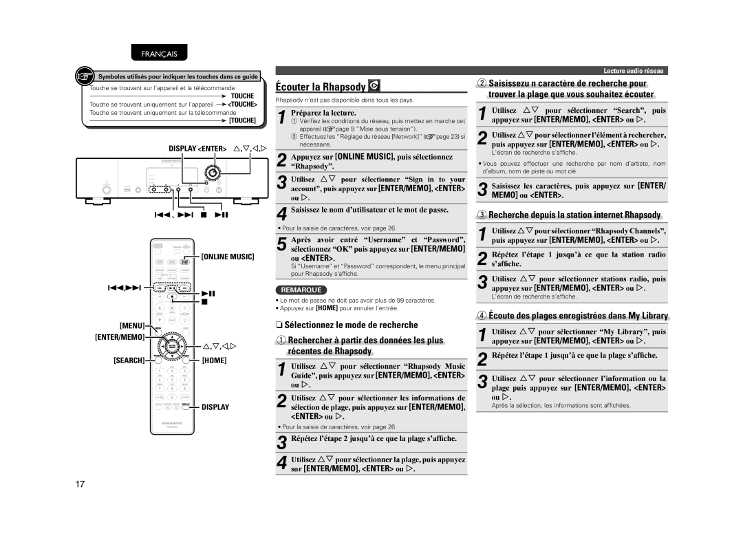 Marantz NA7004 manual Écouter la Rhapsody, Recherche depuis la station internet Rhapsody, Ou Enter 