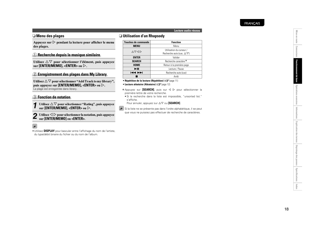 Marantz NA7004 NMenu des plages, Recherche depuis la musique similaire, Fonction de notation, NUtilisation d’un Rhapsody 