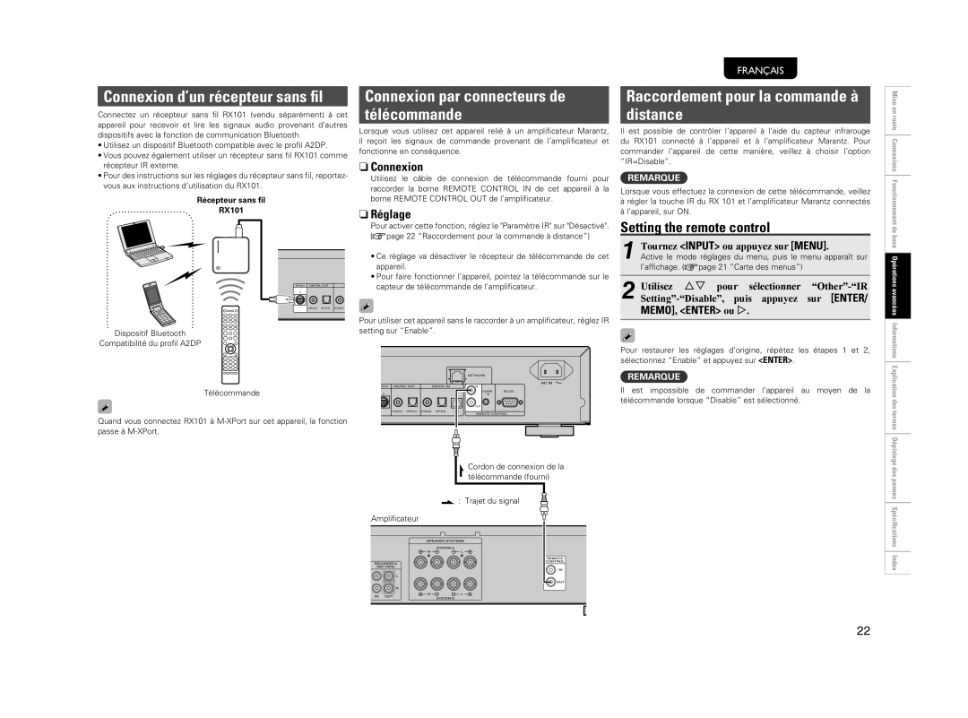 Marantz NA7004 manual Raccordement pour la commande à distance, Setting the remote control, Connexion, Réglage 