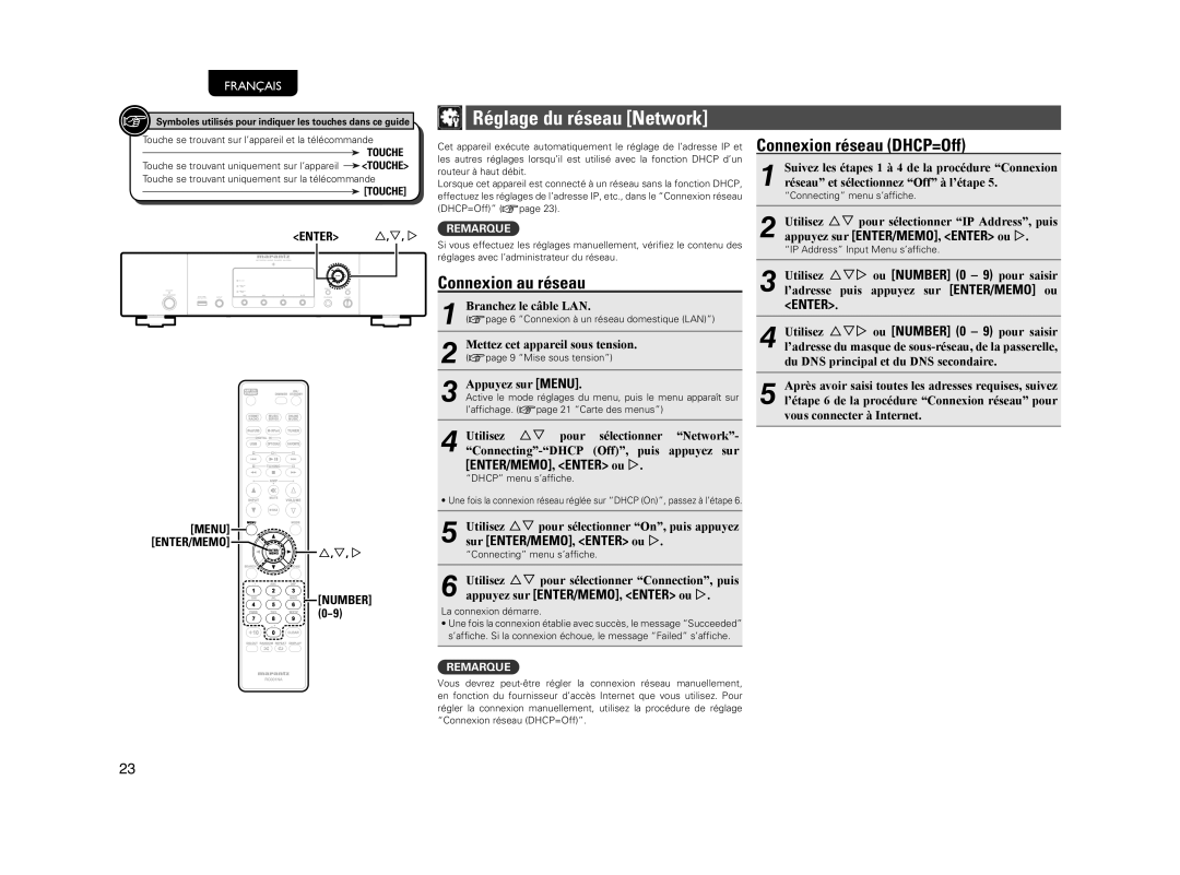 Marantz NA7004 manual Réglage du réseau Network, Connexion au réseau, Connexion réseau DHCP=Off, ENTER/MEMO, Enter ou p 