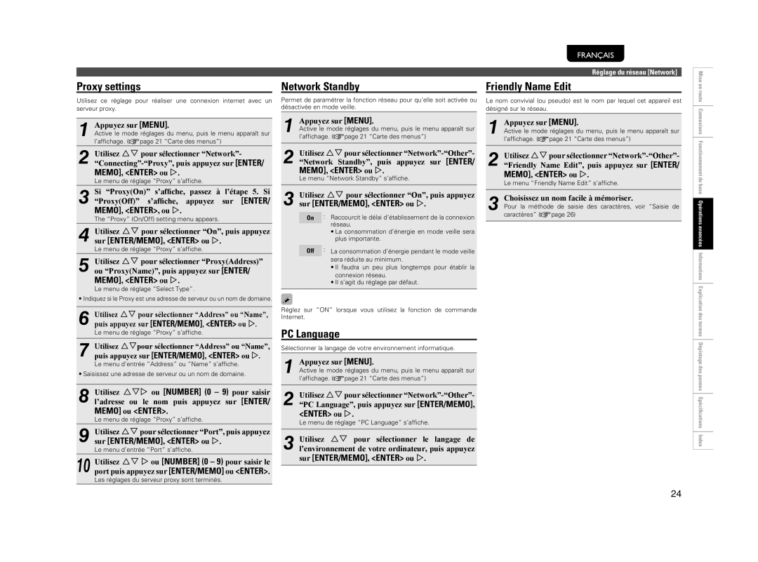 Marantz NA7004 manual Proxy settings, Network Standby, PC Language, Friendly Name Edit, MEMO, ENTER, ou p 