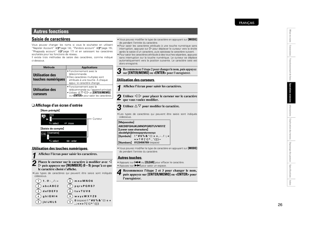 Marantz NA7004 manual Autres fonctions, Saisie de caractères 