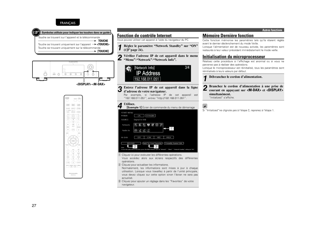 Marantz NA7004 manual Fonction de contrôle Internet, Mémoire Dernière fonction, Initialisation du microprocesseur 