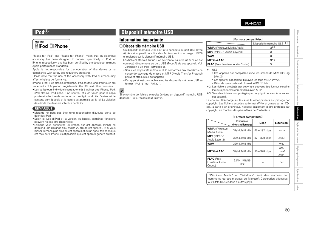 Marantz NA7004 manual IPod, Dispositif mémoire USB, Information importante, NDispositifs mémoire USB 