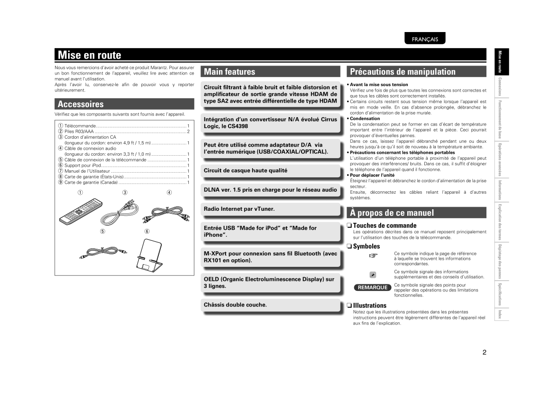 Marantz NA7004 manual Mise en route, Accessoires, Main features, Précautions de manipulation, Propos de ce manuel 