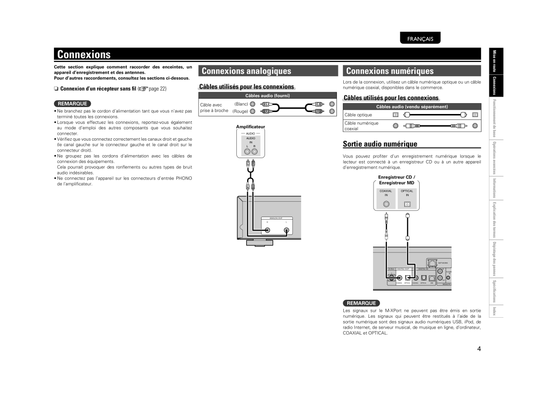 Marantz NA7004 manual Connexions analogiques, Connexions numériques, Sortie audio numérique 