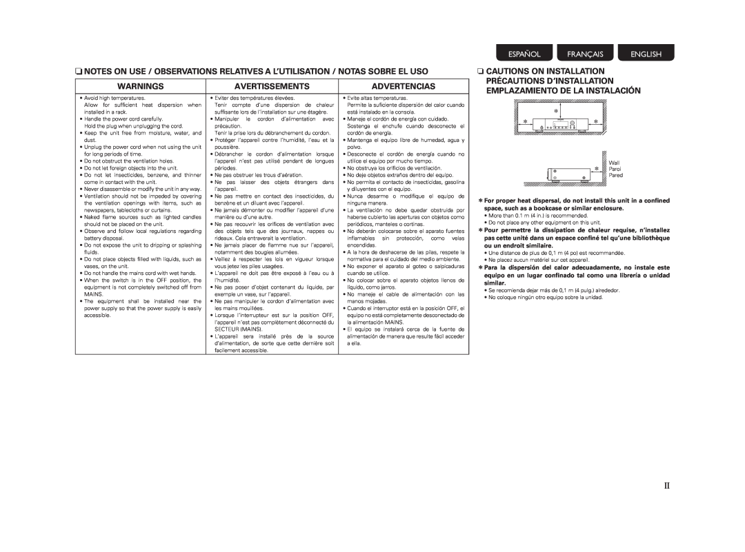 Marantz NA7004 manual Warnings, Avertissements, Advertencias, n CAUTIONS ON INSTALLATION, Español Français English 