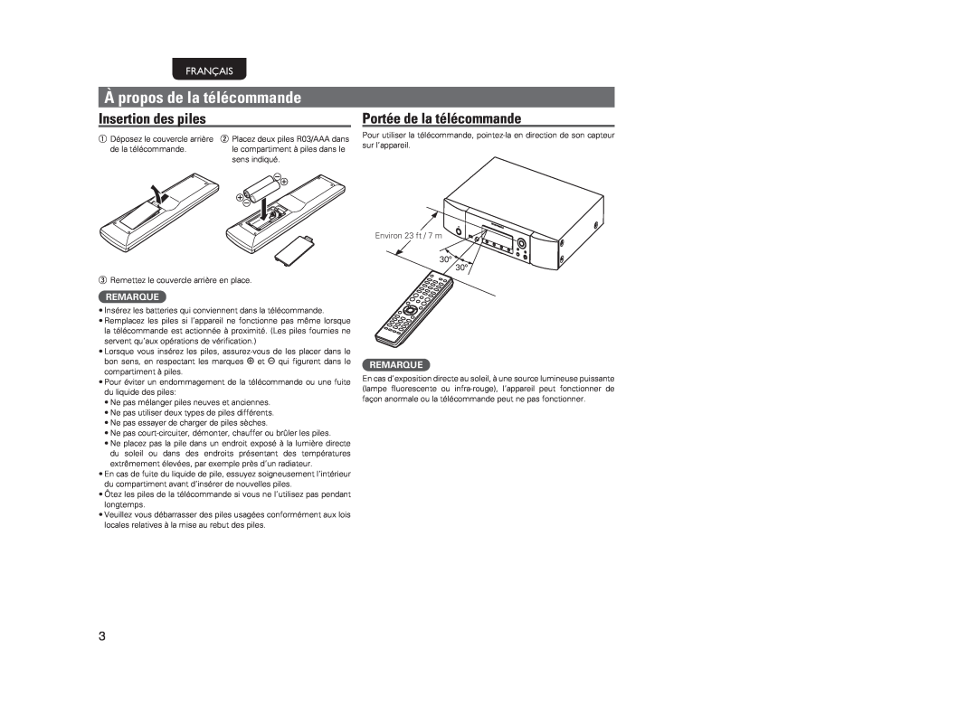 Marantz NA7004 manual À propos de la télécommande, Insertion des piles, Portée de la télécommande, Français, Remarque 