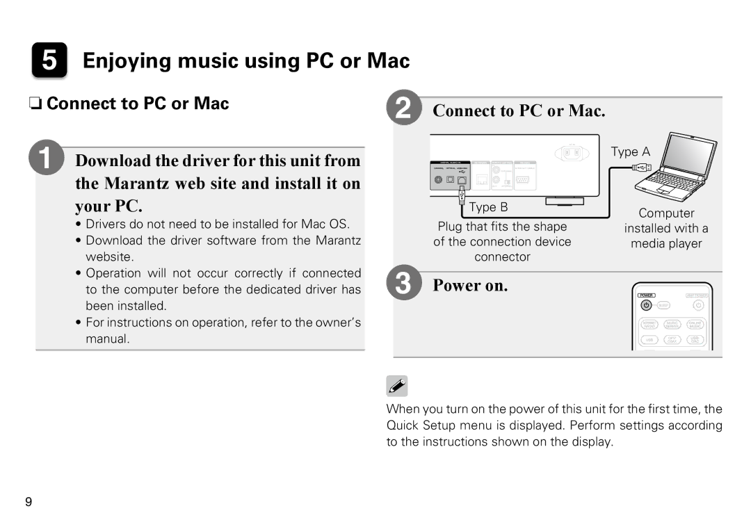 Marantz NA8005 quick start Enjoying music using PC or Mac, NnConnect to PC or Mac 