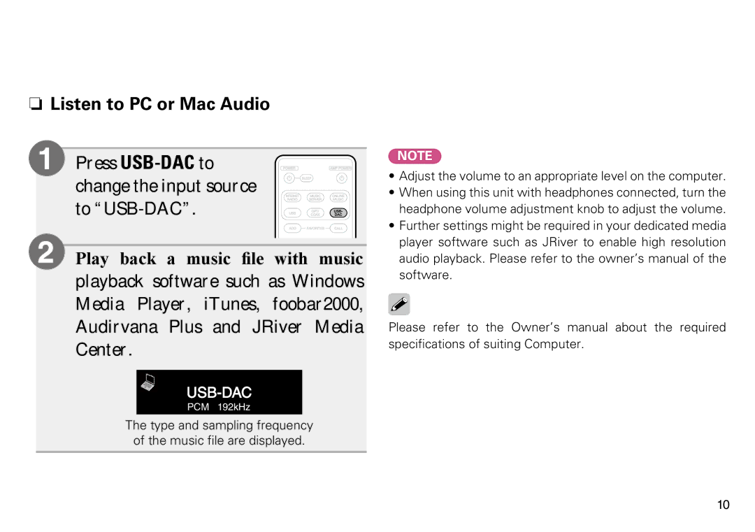 Marantz NA8005 quick start Nn Listen to PC or Mac Audio, Usb-Dac 