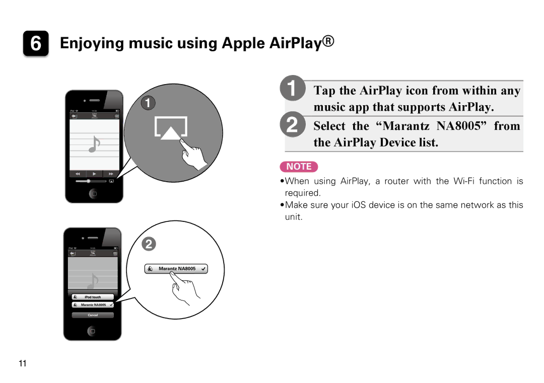 Marantz NA8005 quick start Enjoying music using Apple AirPlay 