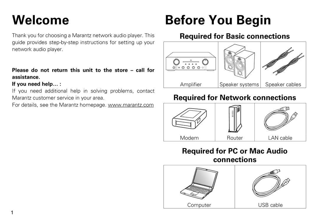 Marantz NA8005 quick start Welcome, Before You Begin, Required for Basic connections, Required for Network connections 