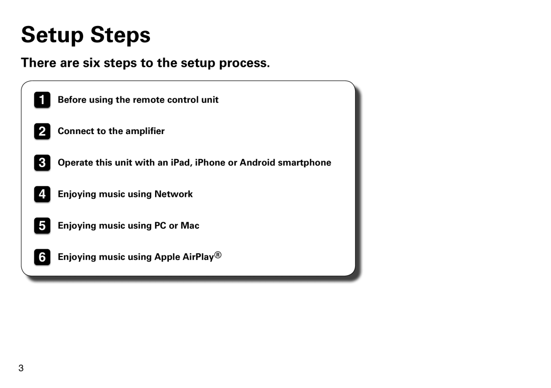 Marantz NA8005 quick start Setup Steps, There are six steps to the setup process 