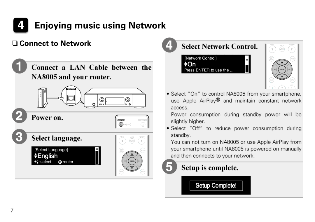 Marantz NA8005 quick start Enjoying music using Network, NnConnect to Network 