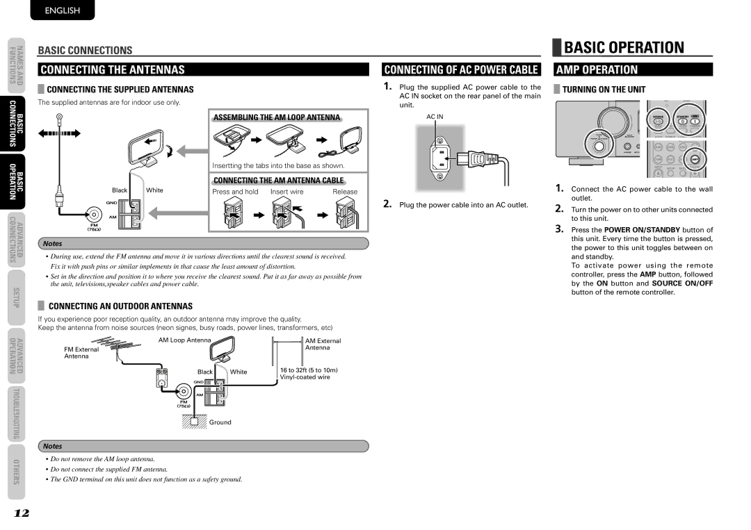 Marantz NR1501 manual Basic Operation, Connecting the Antennas, AMP Operation, Turning on the Unit 