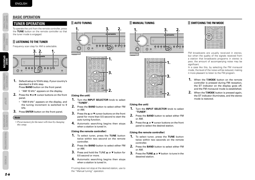 Marantz NR1501 manual Tuner Operation, Listening to the Tuner, Manual Tuning Switching the FM Mode, Auto Tuning 