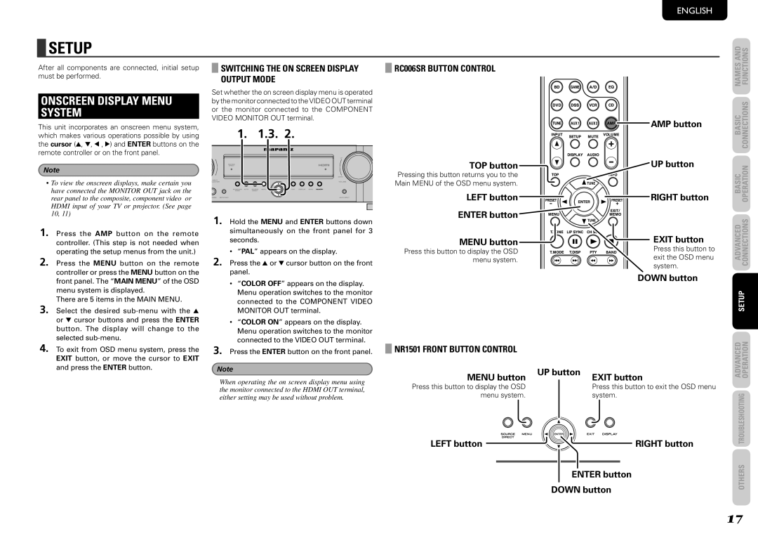 Marantz NR1501 Setup, Onscreen Display Menu System, Switching the on Screen Display Output Mode, RC006SR Button Control 