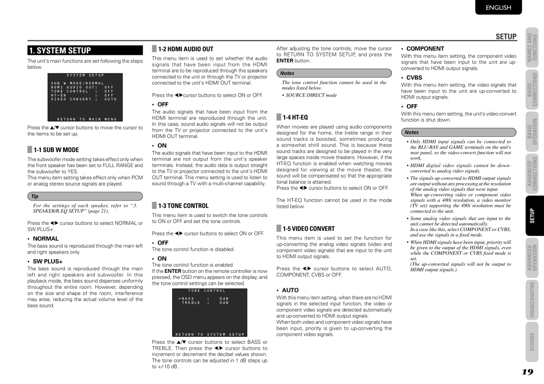 Marantz NR1501 manual System Setup, SUB W Mode, Hdmi Audio OUT, Tone Control, Video Convert 