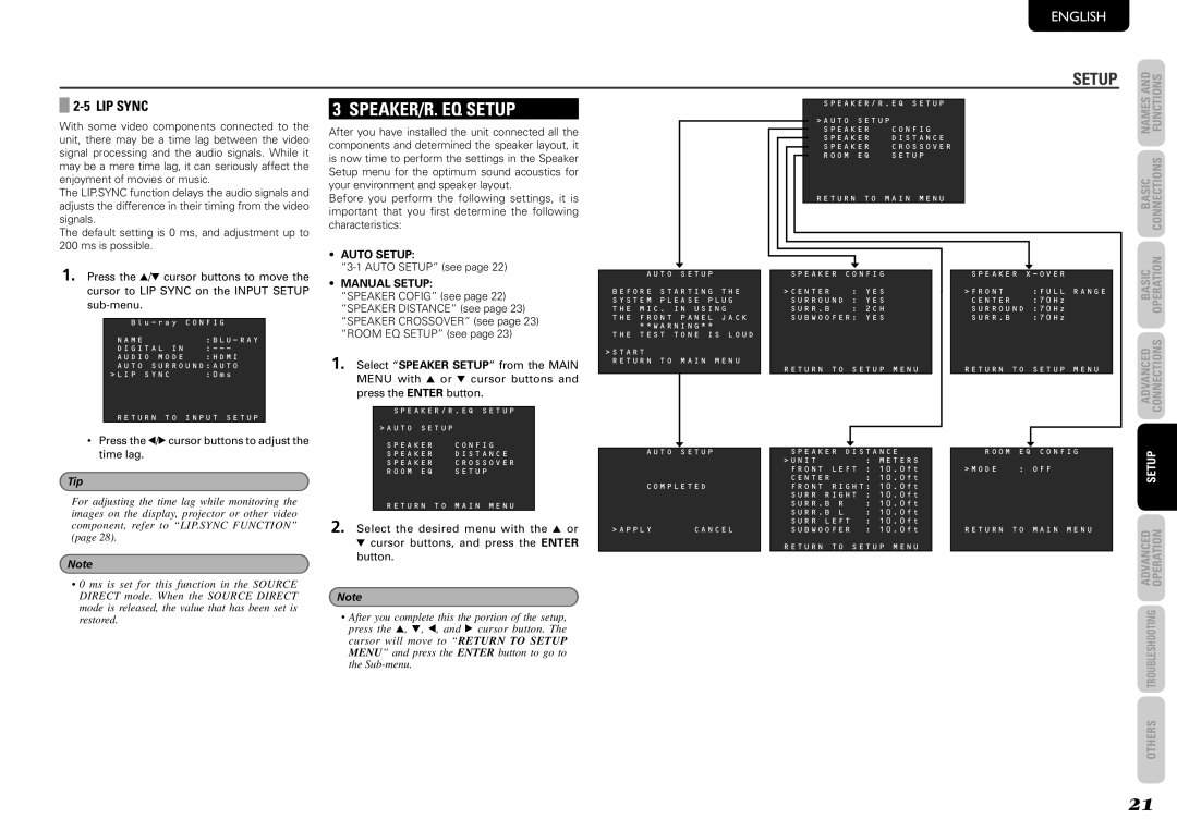 Marantz NR1501 manual SPEAKER/R. EQ Setup, LIP Sync, Auto Setup, Manual Setup 