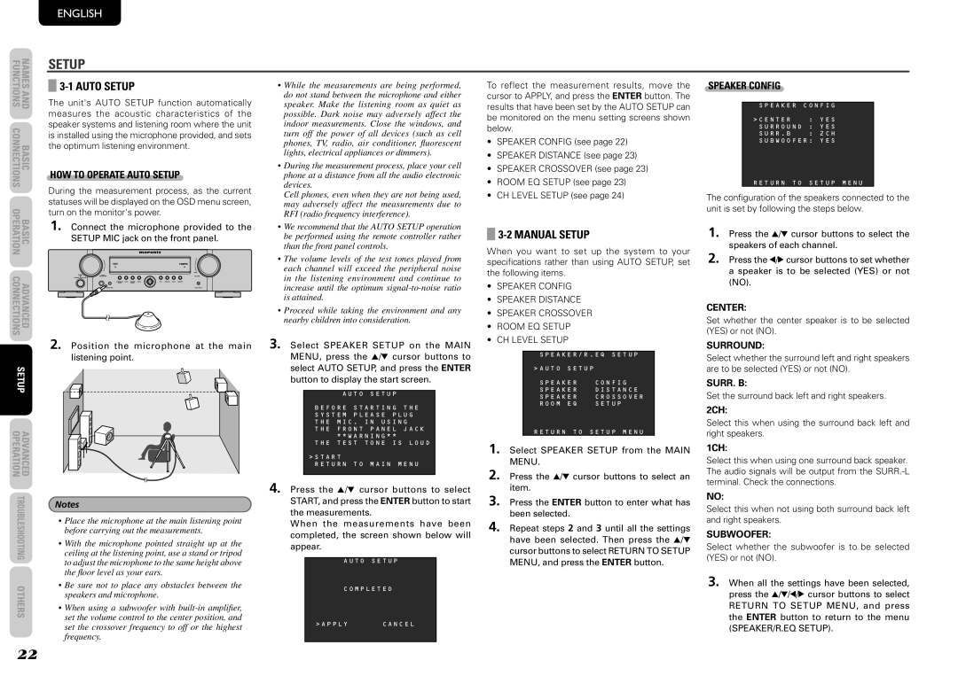 Marantz NR1501 manual Manual Setup, HOW to Operate Auto Setup, Speaker Config 