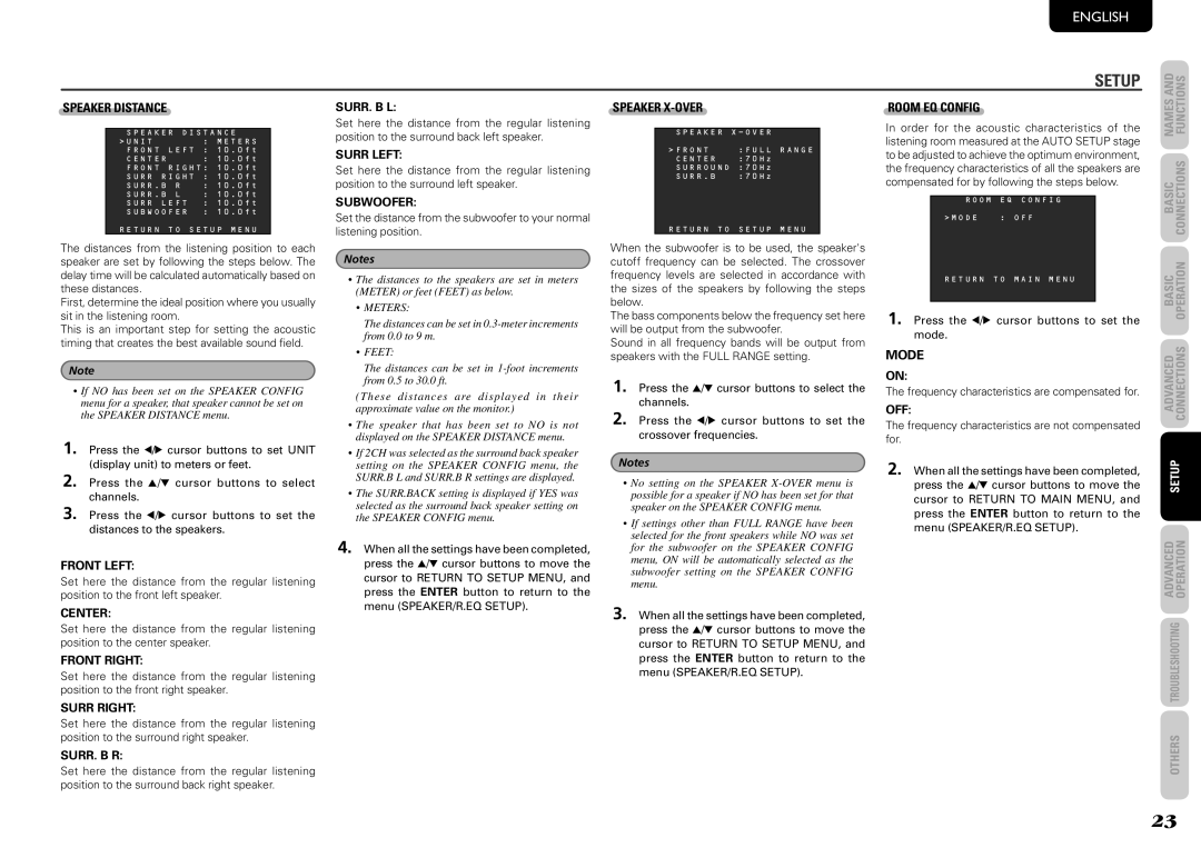 Marantz NR1501 manual Speaker Distance, Speaker X-OVER, Room EQ Config, Mode 