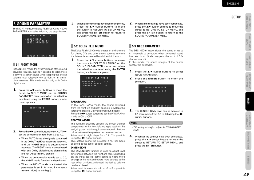 Marantz NR1501 manual Sound Parameter, Night Mode, Dolby Plii Music, NEO6 Parameter 