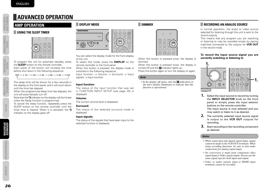 Marantz NR1501 manual Using the Sleep Timer, Display Mode, Dimmer, Recording AN Analog Source 