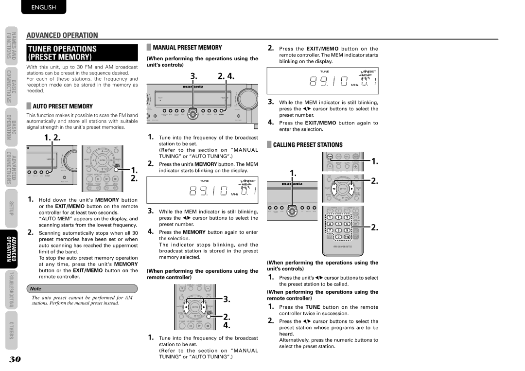 Marantz NR1501 manual Tuner Operations, Auto Preset Memory, Manual Preset Memory, Calling Preset Stations 