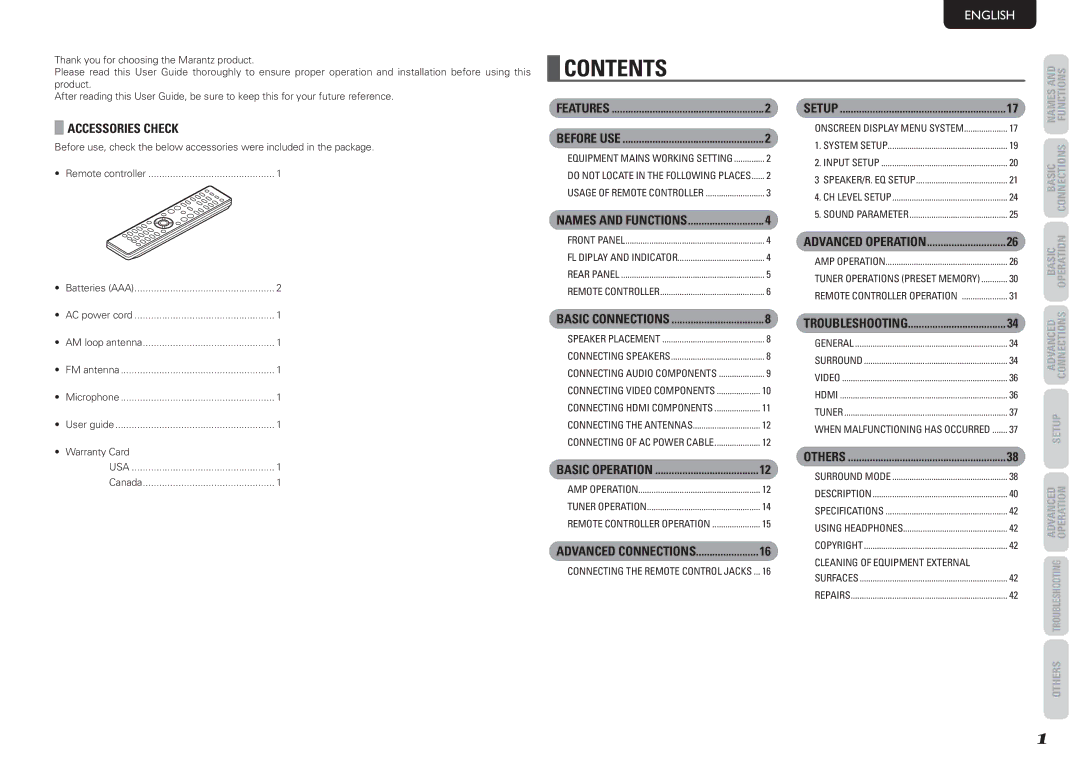 Marantz NR1501 manual Contents 