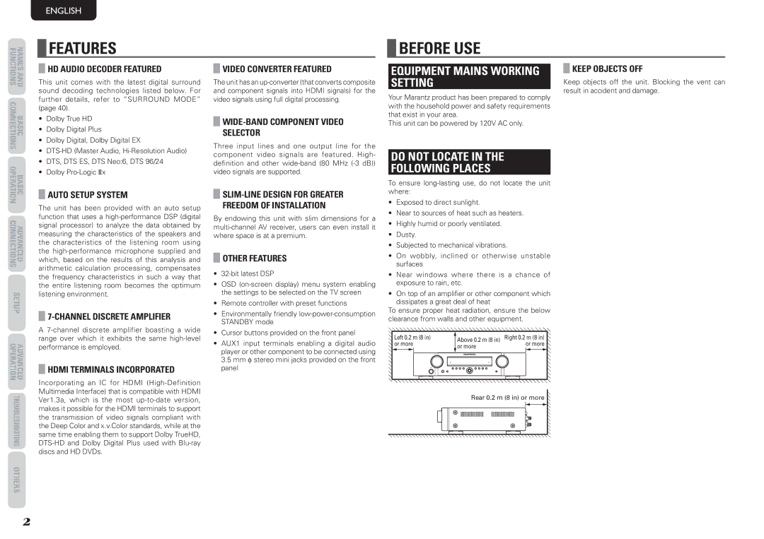 Marantz NR1501 manual Features, Before USE, Equipment Mains Working Setting, Do not Locate Following Places 