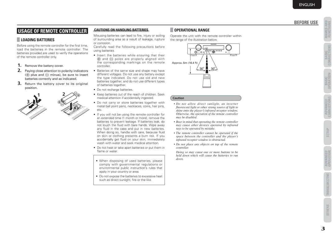 Marantz NR1501 manual Before USE, Loading Batteries, Operational Range 