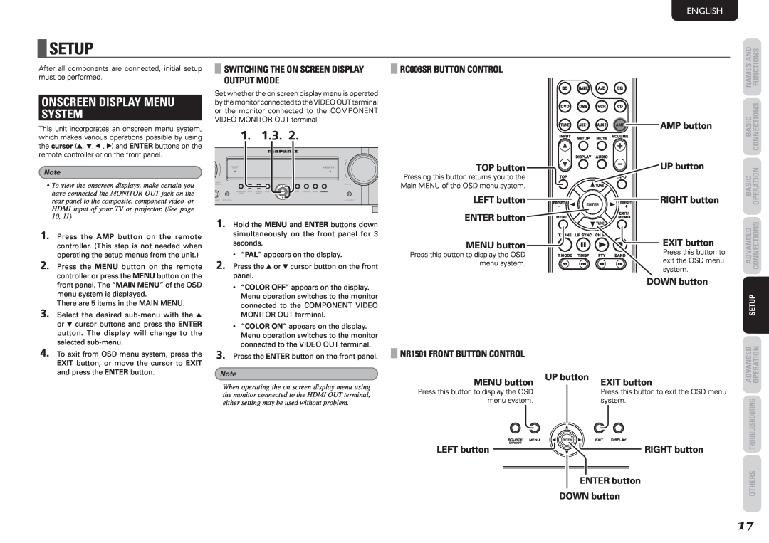 Marantz NR1501 manual Setup, Onscreen Display Menu System, English 