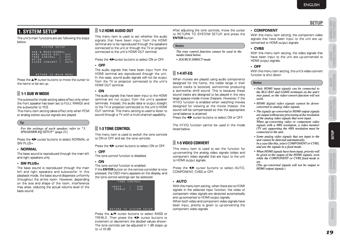 Marantz NR1501 manual System Setup, English, 1-1SUB W MODE, 1-2HDMI AUDIO OUT, 1-3TONE CONTROL, Ht-Eq, 1-5VIDEO CONVERT 