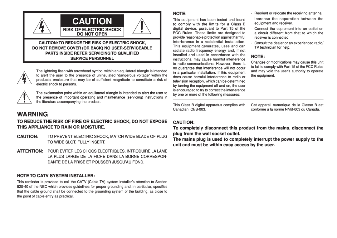 Marantz NR1501 manual Risk Of Electric Shock Do Not Open 