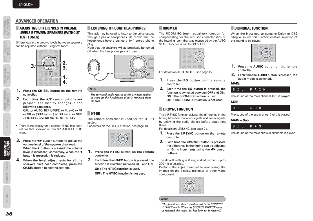Marantz NR1501 manual Advanced Operation, English, B I L M A I N, B I L S U B, B I L M + S, Basic 
