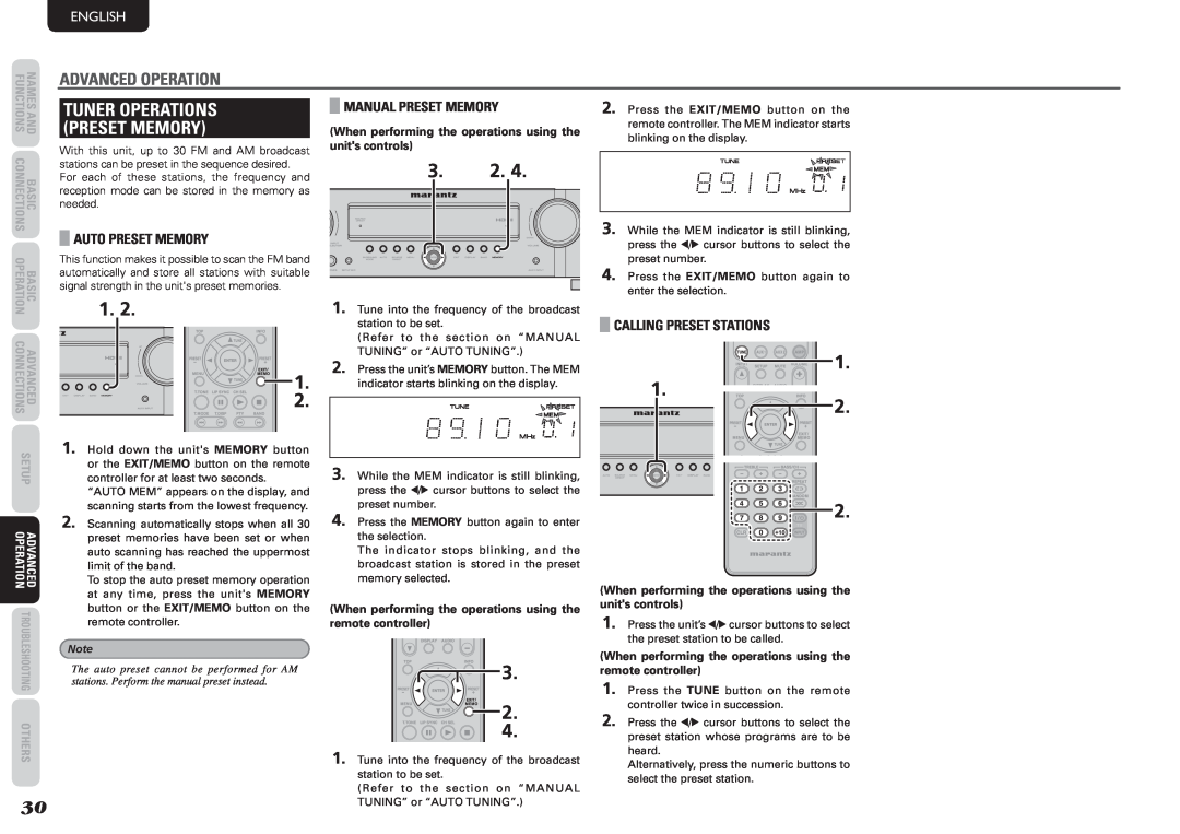Marantz NR1501 manual 3.2, 1 1, Preset Memory, Tuner Operations, Advanced Operation, English, Others 
