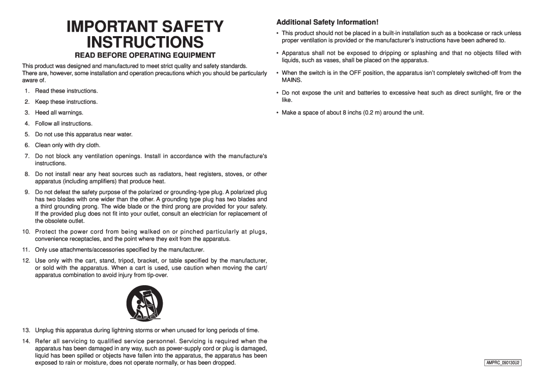 Marantz NR1501 manual Important Safety Instructions, Read Before Operating Equipment, Additional Safety Information 