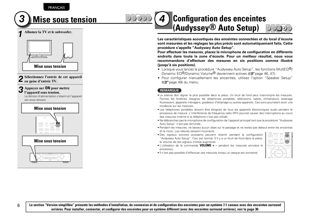 Marantz NR1601, 541110480028M manual Mise sous tension, Procédure s’appelle Audyssey Auto Setup, Jusqu’à six positions 