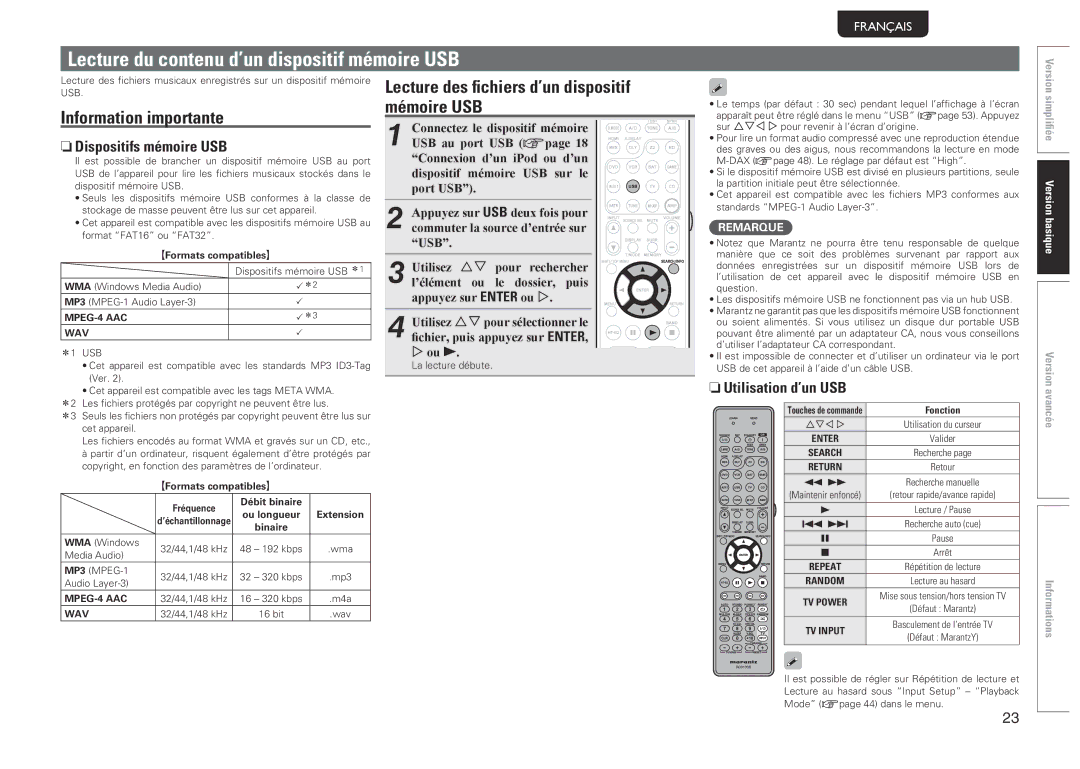 Marantz 541110480028M Lecture du contenu d’un dispositif mémoire USB, Information importante, NnDispositifs mémoire USB 
