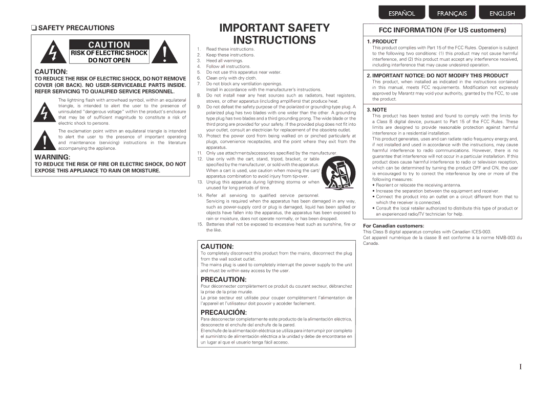 Marantz 541110480028M, NR1601 manual Important Notice do not Modify this Product, For Canadian customers 