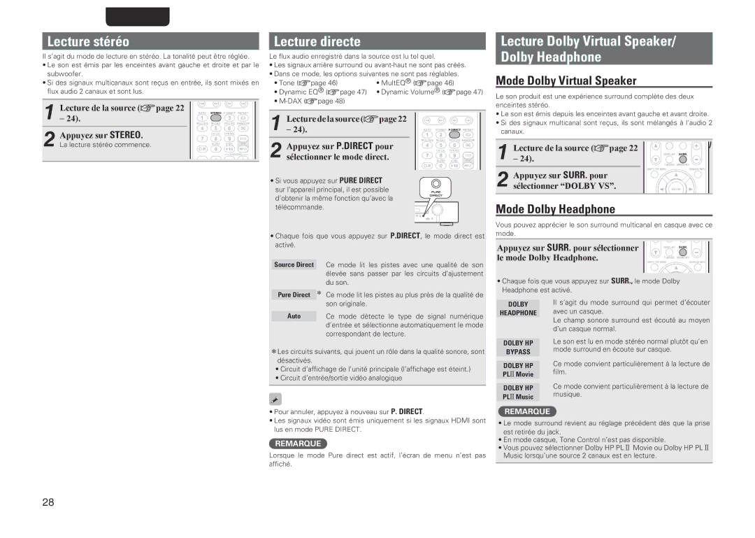 Marantz NR1601, 541110480028M manual Lecture stéréo, Lecture directe, Mode Dolby Virtual Speaker, Mode Dolby Headphone 