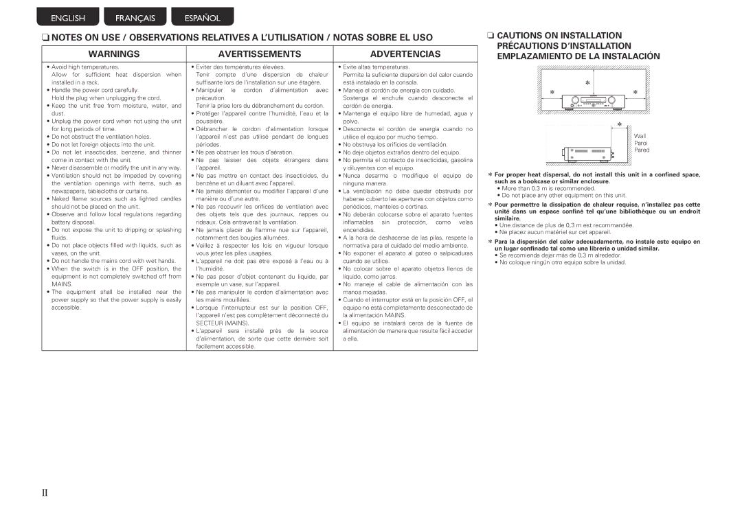 Marantz NR1601, 541110480028M manual Avertissements Advertencias 