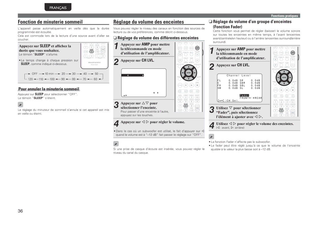 Marantz NR1601 manual Fonction de minuterie sommeil, Réglage du volume des enceintes, Pour annuler la minuterie sommeil 