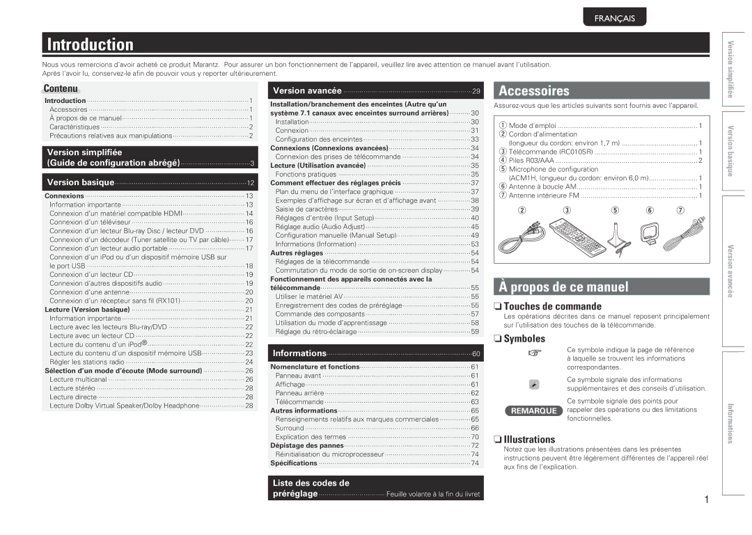 Marantz 541110480028M, NR1601 manual Introduction, Accessoires, Propos de ce manuel 