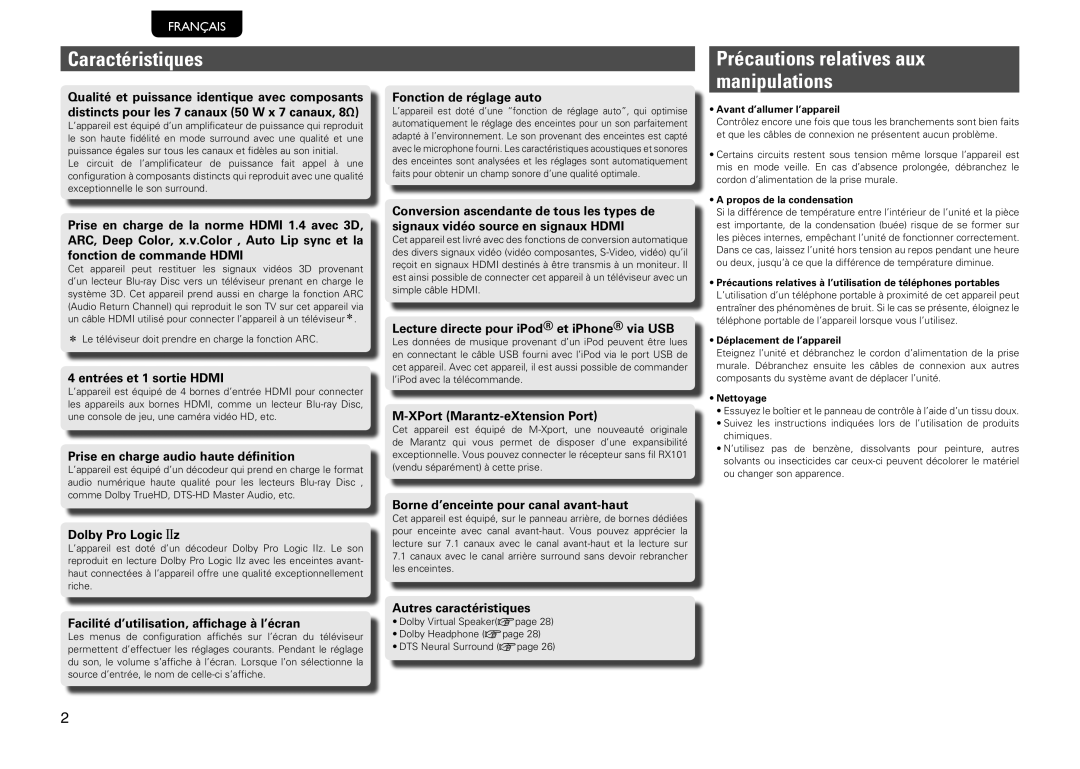 Marantz NR1601, 541110480028M manual Caractéristiques, Précautions relatives aux manipulations 