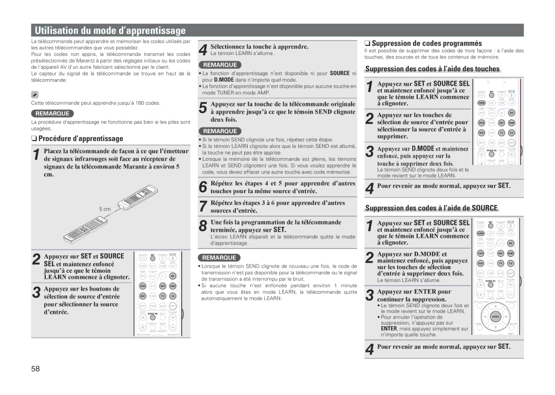 Marantz NR1601 NnProcédure d’apprentissage, NnSuppression de codes programmés, Suppression des codes à l’aide des touches 