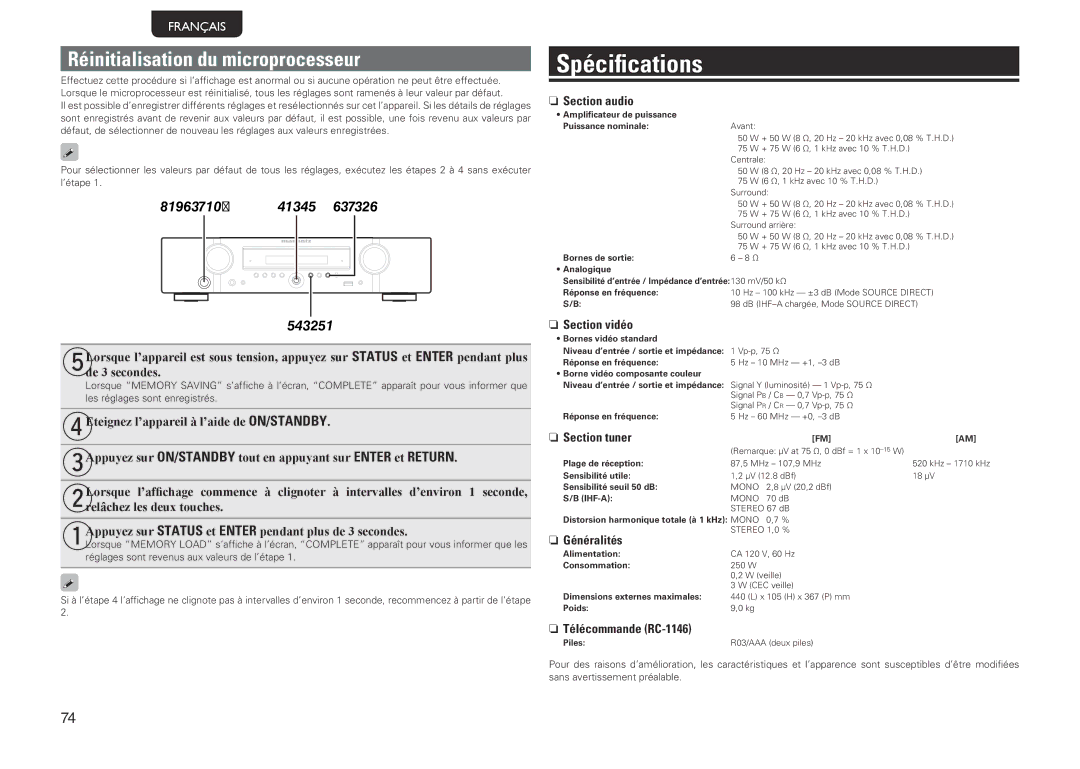 Marantz NR1601, 541110480028M manual Spécifications, Réinitialisation du microprocesseur 