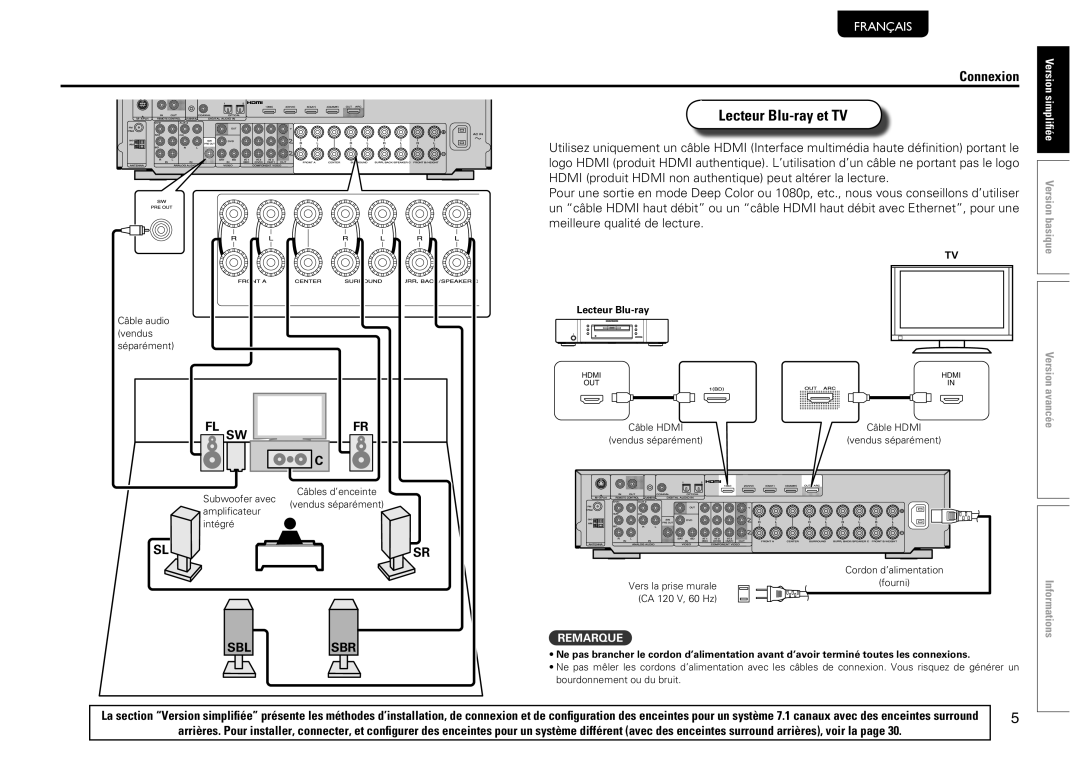 Marantz 541110480028M, NR1601 manual Lecteur Blu-ray et TV, Câble audio vendus séparément, Bourdonnement ou du bruit 